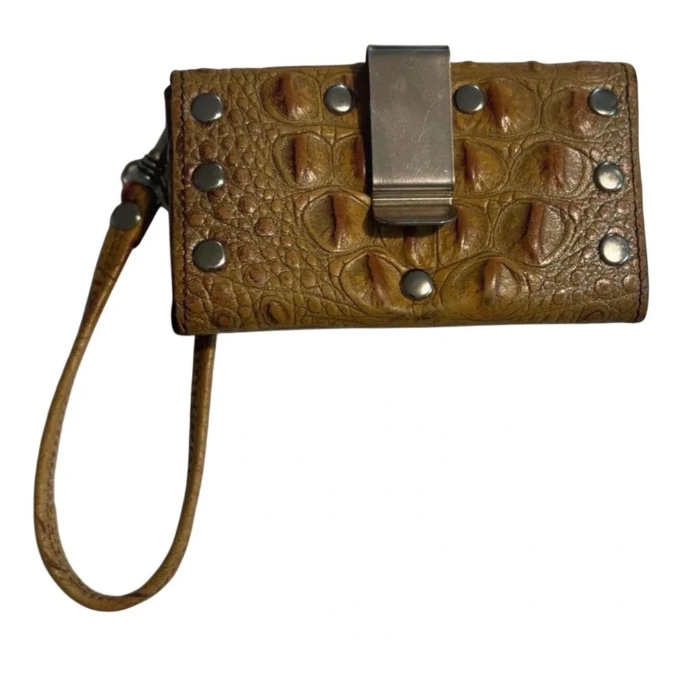 Raviani Crocodile Embossed Leather Crystal Crown Wristlet Belt Pouch Mini Vacay